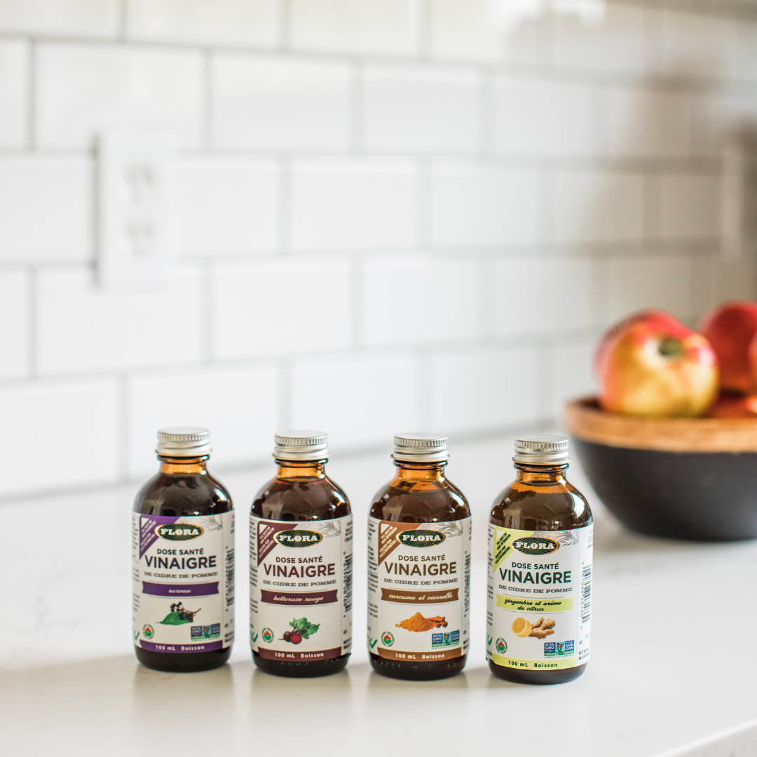 Flora Health apple cider vinegar in four organic, natural flavorsL elderberry, red beet, cinnamon turmeric, and lemon ginger